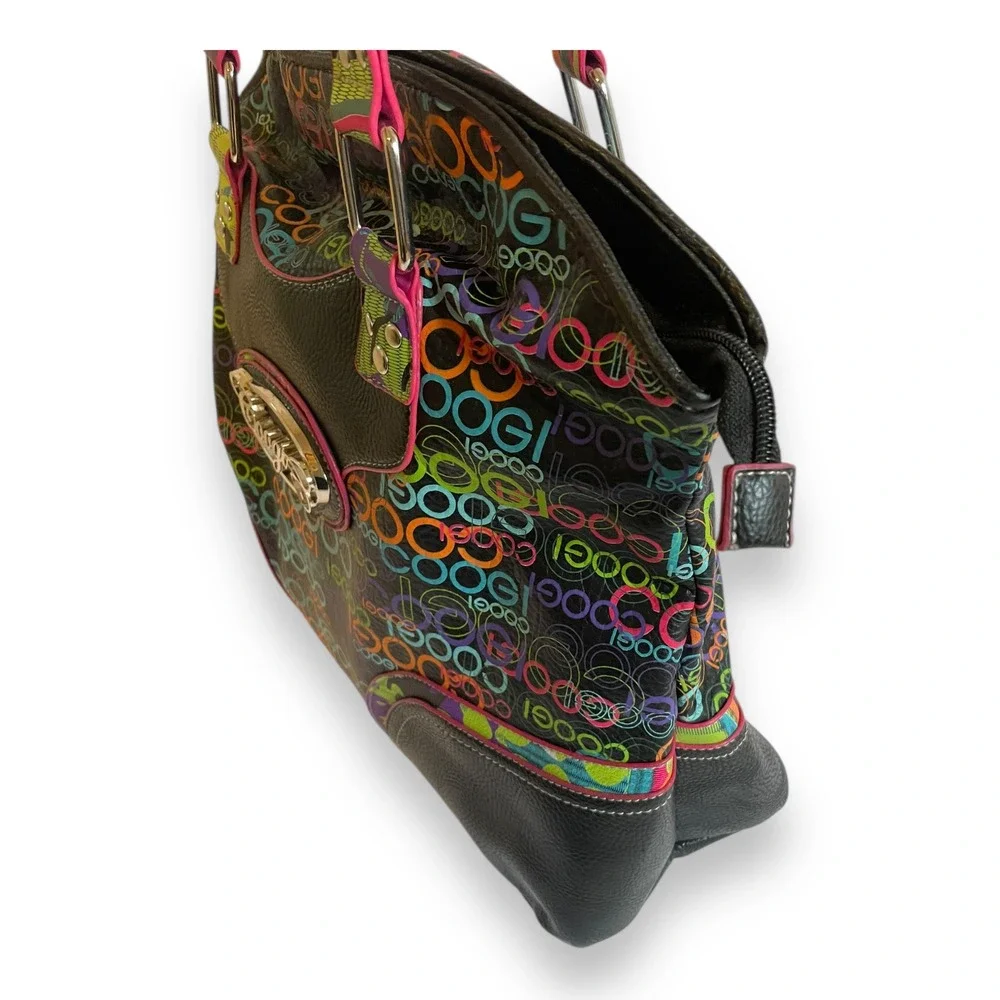 COOGI Black Multi Color Logo Print Hobo Bag Y2K Tassel Satchel Purse